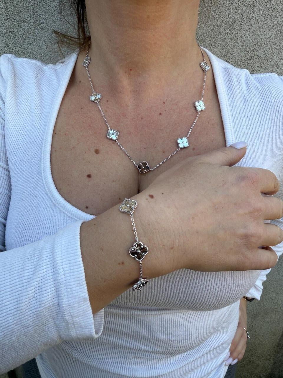 HarlemBling Clover Link Chain Necklace Or Bracelet Diamond Cut Motifs - 925 Sterling Silver - 5.5"-24"