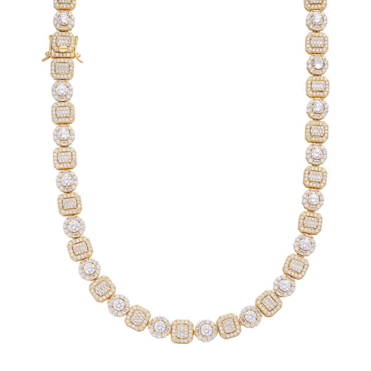 HarlemBling Cluster Tennis Link Chain Necklace Iced Out CZ Stones - 14k Gold Vermeil 925 Silver - 10.5mm - 16"-30"