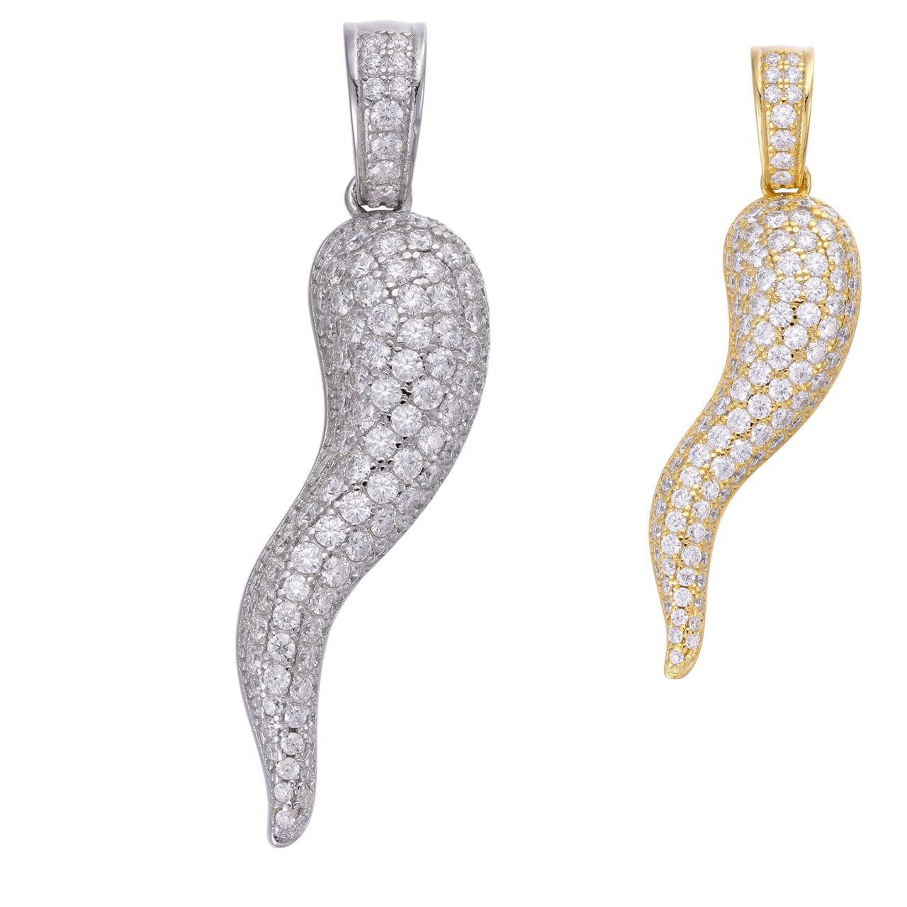 HarlemBling Cornicello Iced Out Italian Horn Pendant - 14k Gold Vermeil Or 925 Silver - CZ Stones - Medium 2"