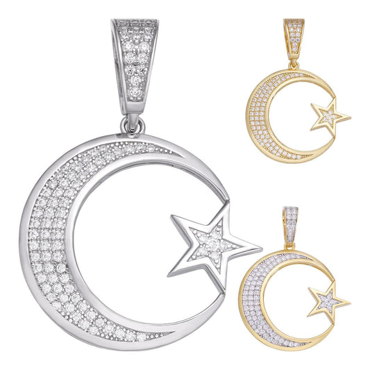 HarlemBling Crescent Moon & Star Islam Muslim Arabic Pendant - 14k Gold Vermeil Or 925 Silver - CZ Stones - Small 1.25"