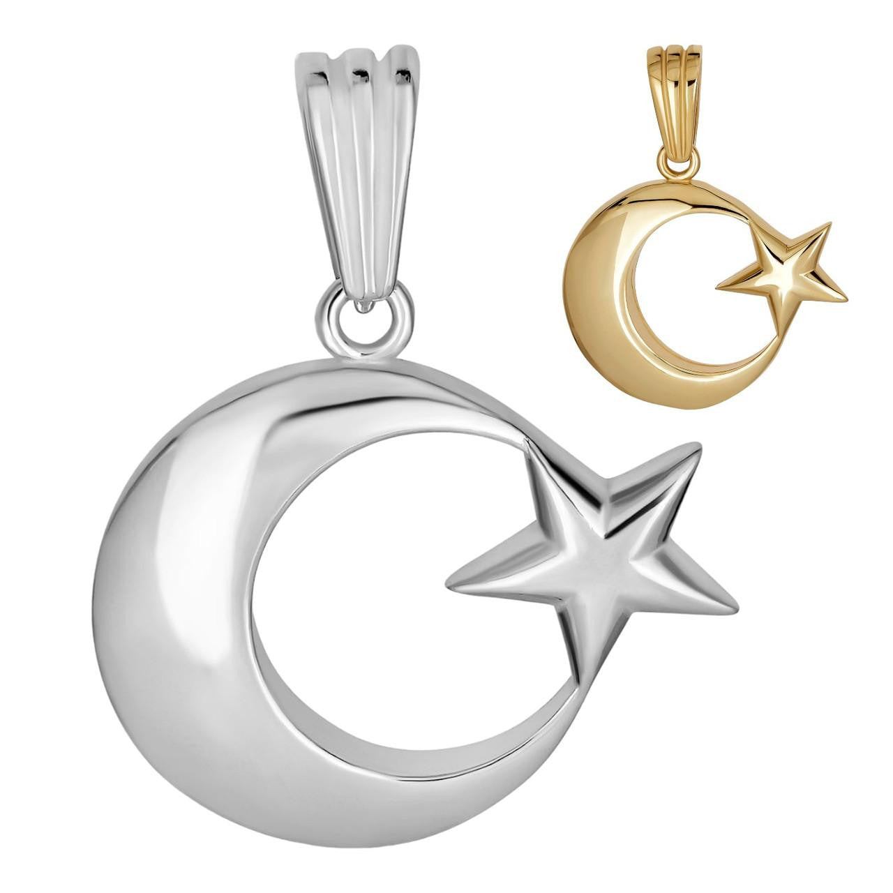 HarlemBling Crescent Moon & Star Islam Pendant - 14k Gold Vermeil Or 925 Silver - Small 1"