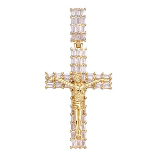 HarlemBling Cross W. Jesus Baguette Iced Out Pendant - 14k Gold Vermeil 925 Silver - CZ Stones - 3 Sizes 1.5"-3.5"