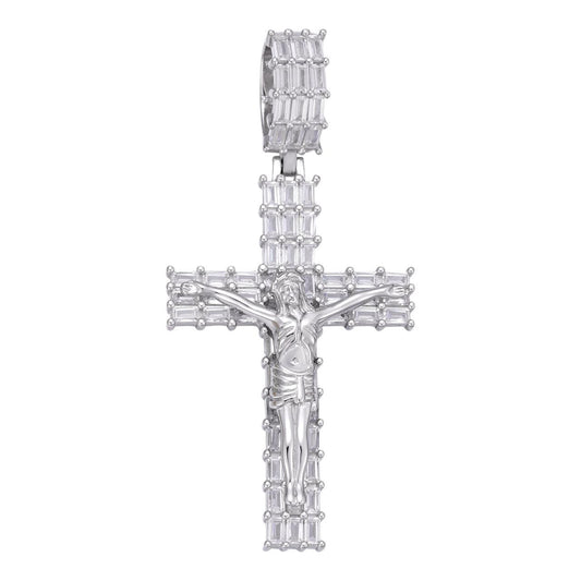 HarlemBling Cross W. Jesus Baguette Iced Out Pendant - 925 Silver - CZ Stones - 3 Sizes 1.5"-3.5"