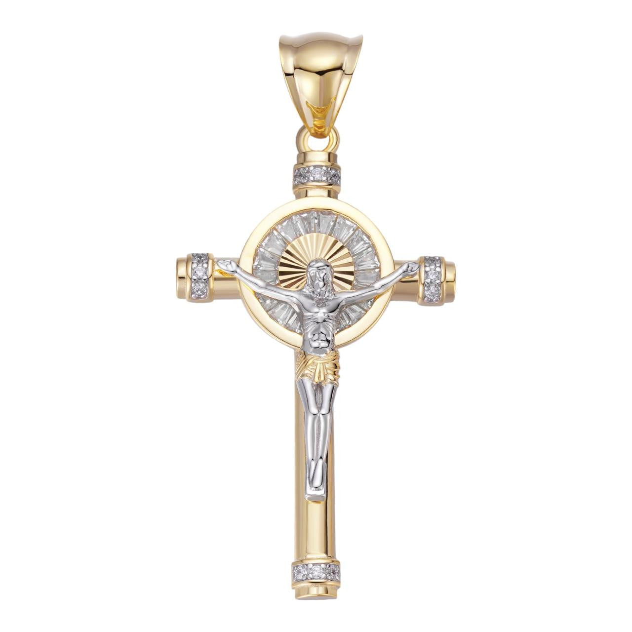 HarlemBling Cross W. Jesus Hip Hop Pendant - 14k Gold Vermeil & 925 Silver - CZ Stones - Medium 2"