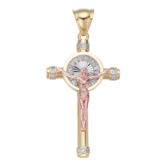 HarlemBling Cross W. Jesus Hip Hop Pendant - 14k Yellow & Rose Gold Vermeil - CZ Stones - Medium 2"