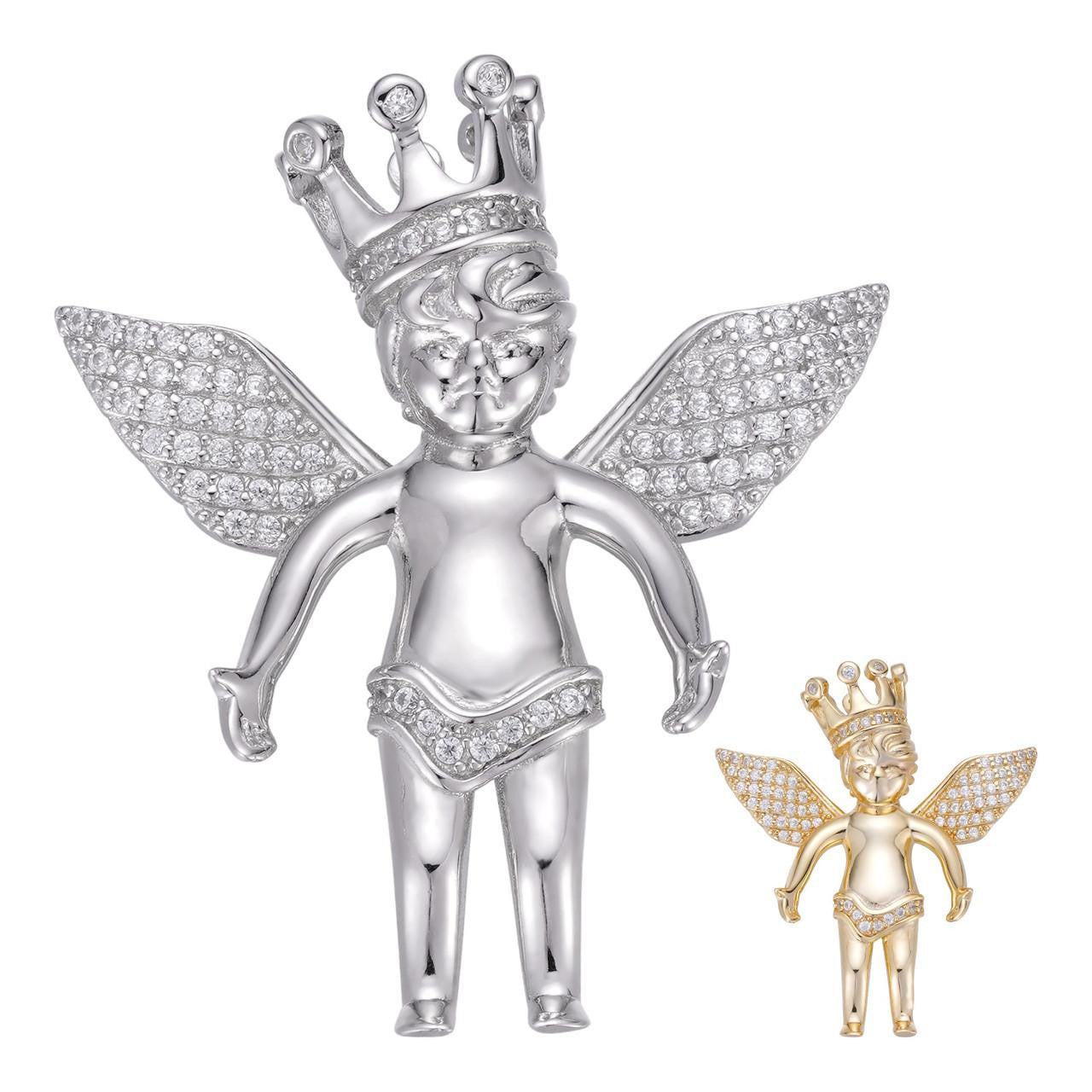HarlemBling Crowned Guardian Angel Hip Hop Pendant - 14k Gold Vermeil Or 925 Silver - CZ Stones - Small 1"