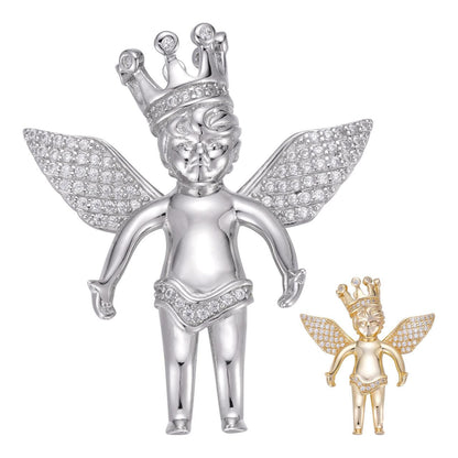 HarlemBling Crowned Guardian Angel Hip Hop Pendant - 14k Gold Vermeil Or 925 Silver - CZ Stones - Small 1"