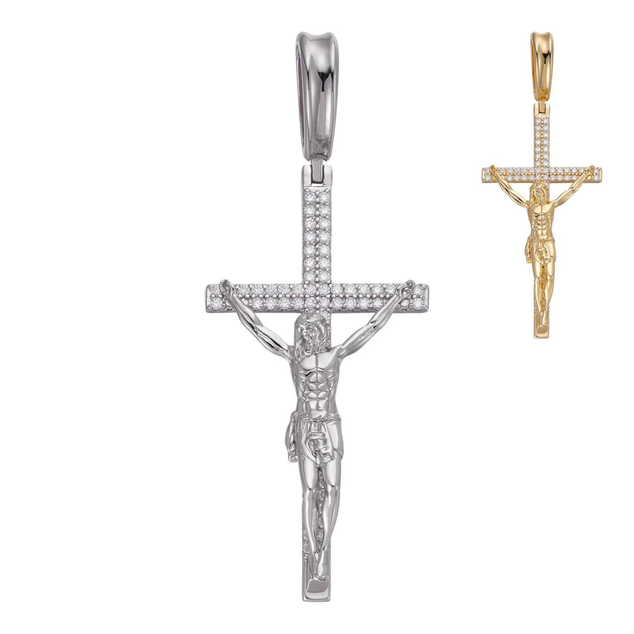 HarlemBling Crucifix Jesus Iced Out Hip Hop Cross Pendant - 14k Yellow Gold Vermeil Or 925 Silver - CZ Stones - Large 2.5"
