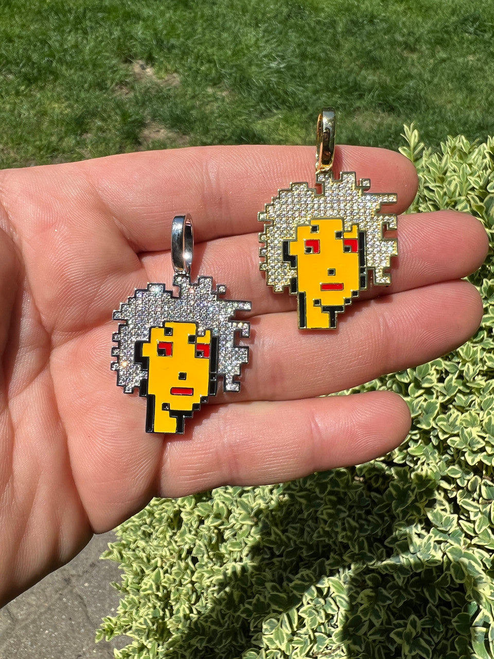 HarlemBling Cryptopunk NFT #2 Girl W Afro Iced Pendant Necklace Solid 925 Silver / 14k Gold Crypto Punk