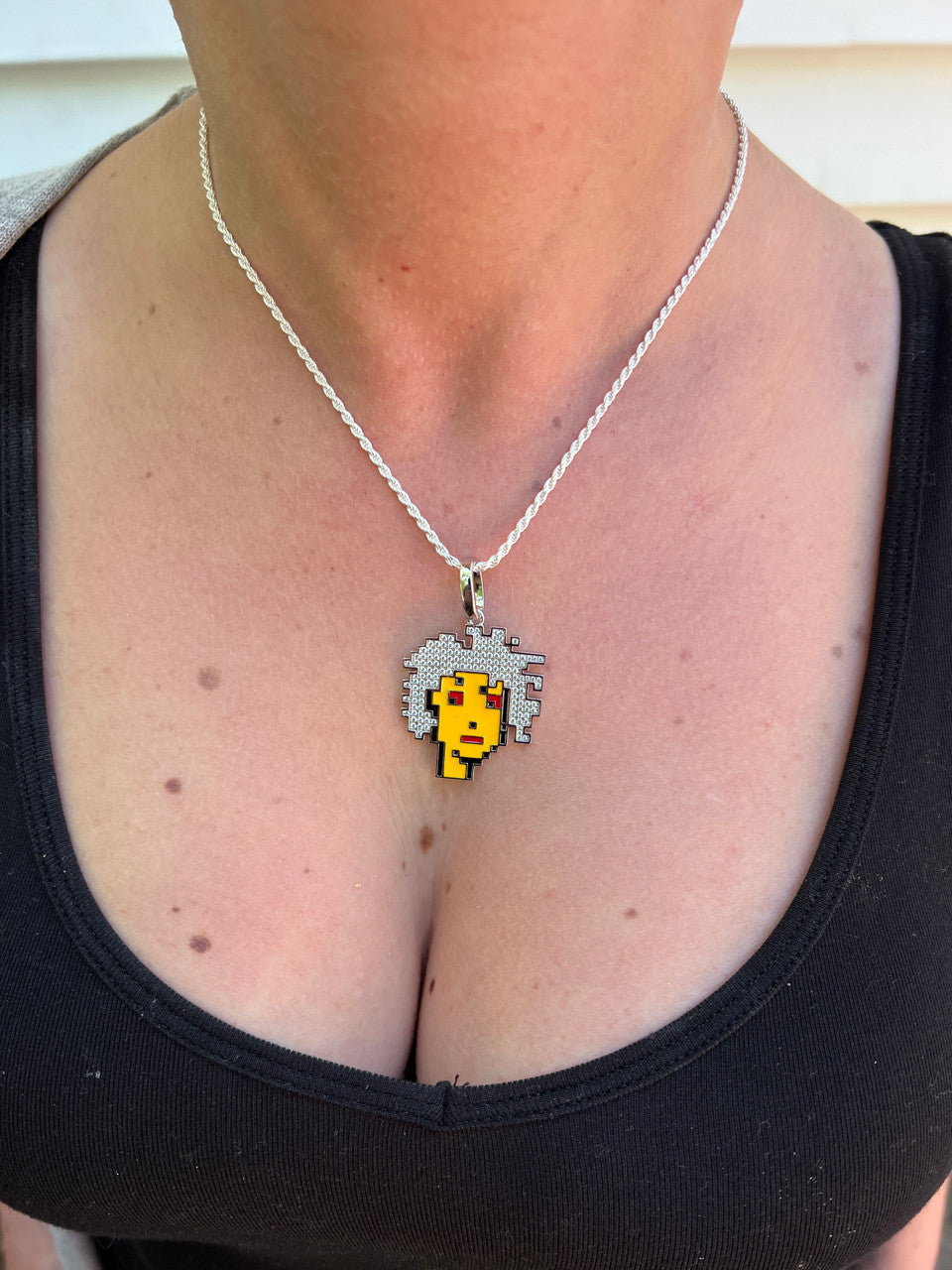 HarlemBling Cryptopunk NFT #2 Girl W Afro Iced Pendant Necklace Solid 925 Silver / 14k Gold Crypto Punk