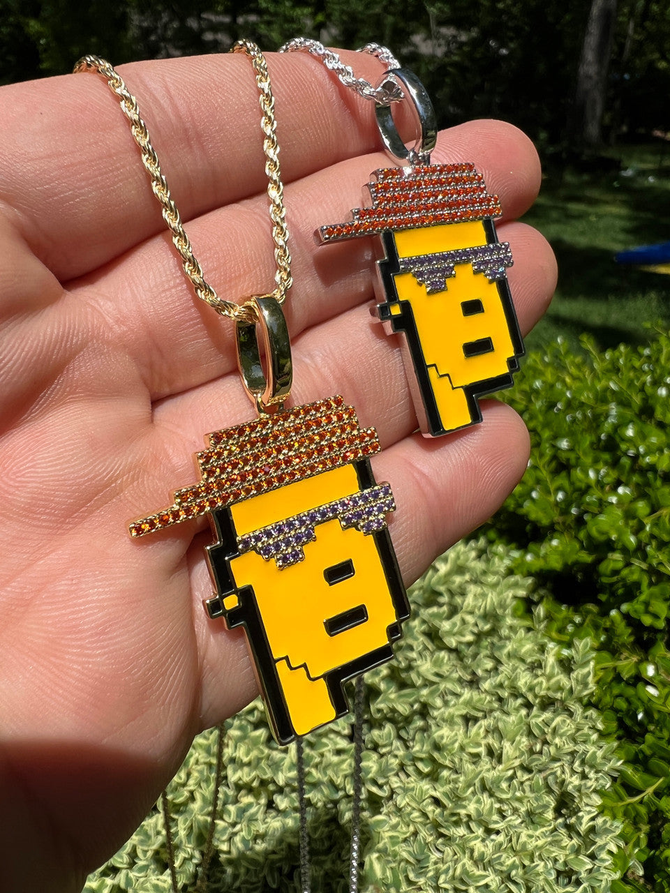 HarlemBling Cryptopunk NFT #3 Guy W Red Cap Iced Pendant Necklace Solid 925 Silver / 14k Gold Crypto Punk