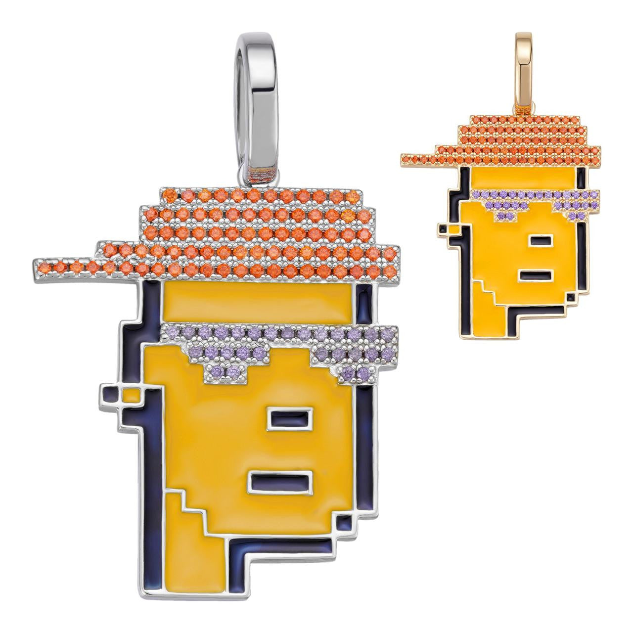 HarlemBling Cryptopunk NFT Guy W. Red Cap Pendant - 14k Gold Vermeil Or 925 Silver - CZ Stones - Medium 1.75"