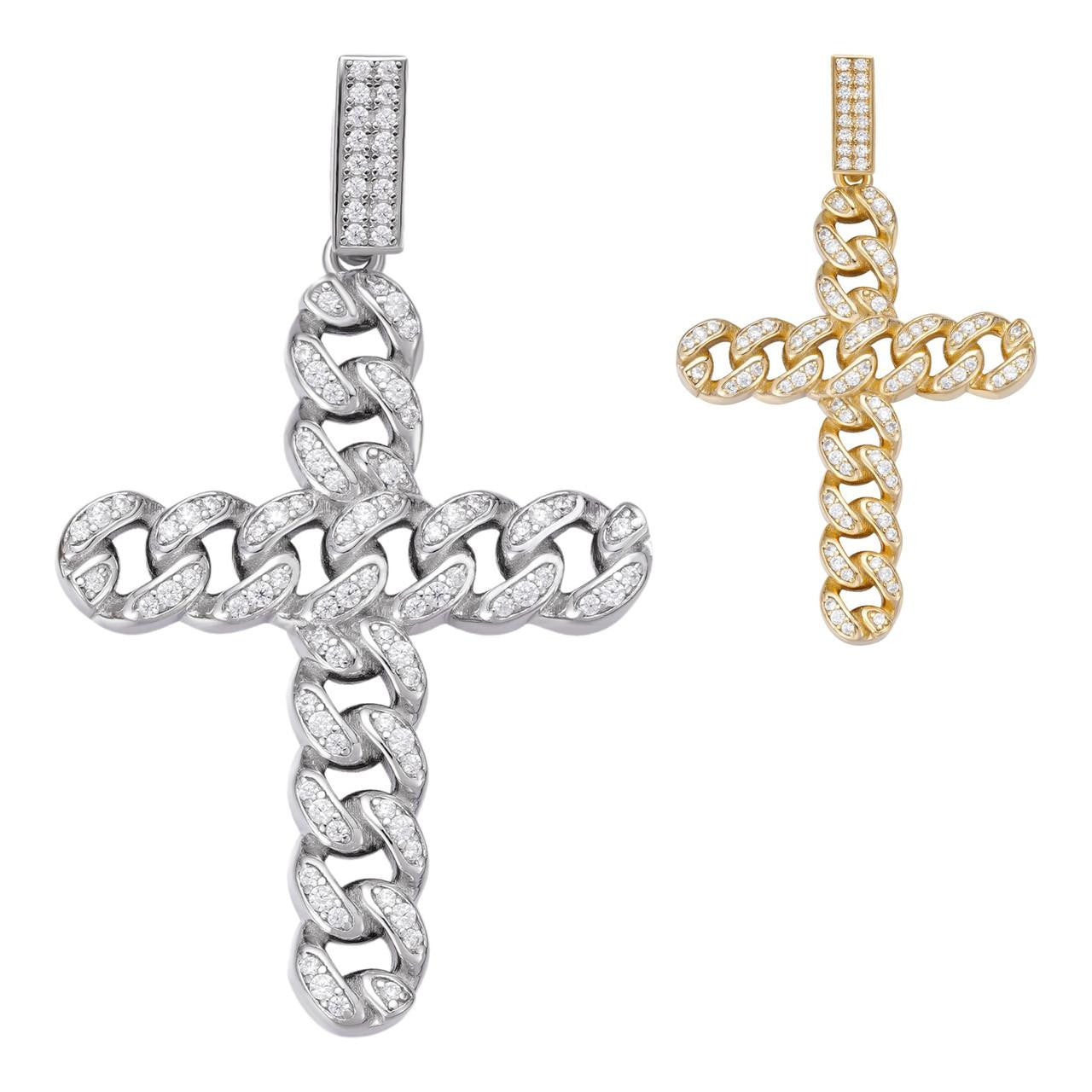 HarlemBling Cuban Link Unique Bust Down Cross Pendant - 14k Gold Vermeil Or 925 Silver - CZ Stones - Medium 2"