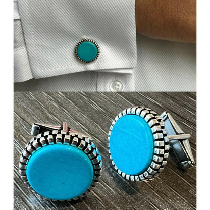 HarlemBling Cufflinks Round Classic - 925 Silver - Blue Turquoise Gemstone