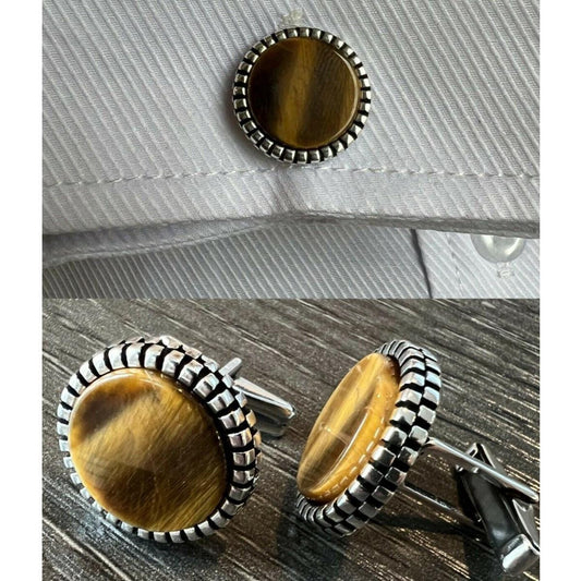 HarlemBling Cufflinks Round Classic - 925 Silver - Tiger's Eye Gemstone