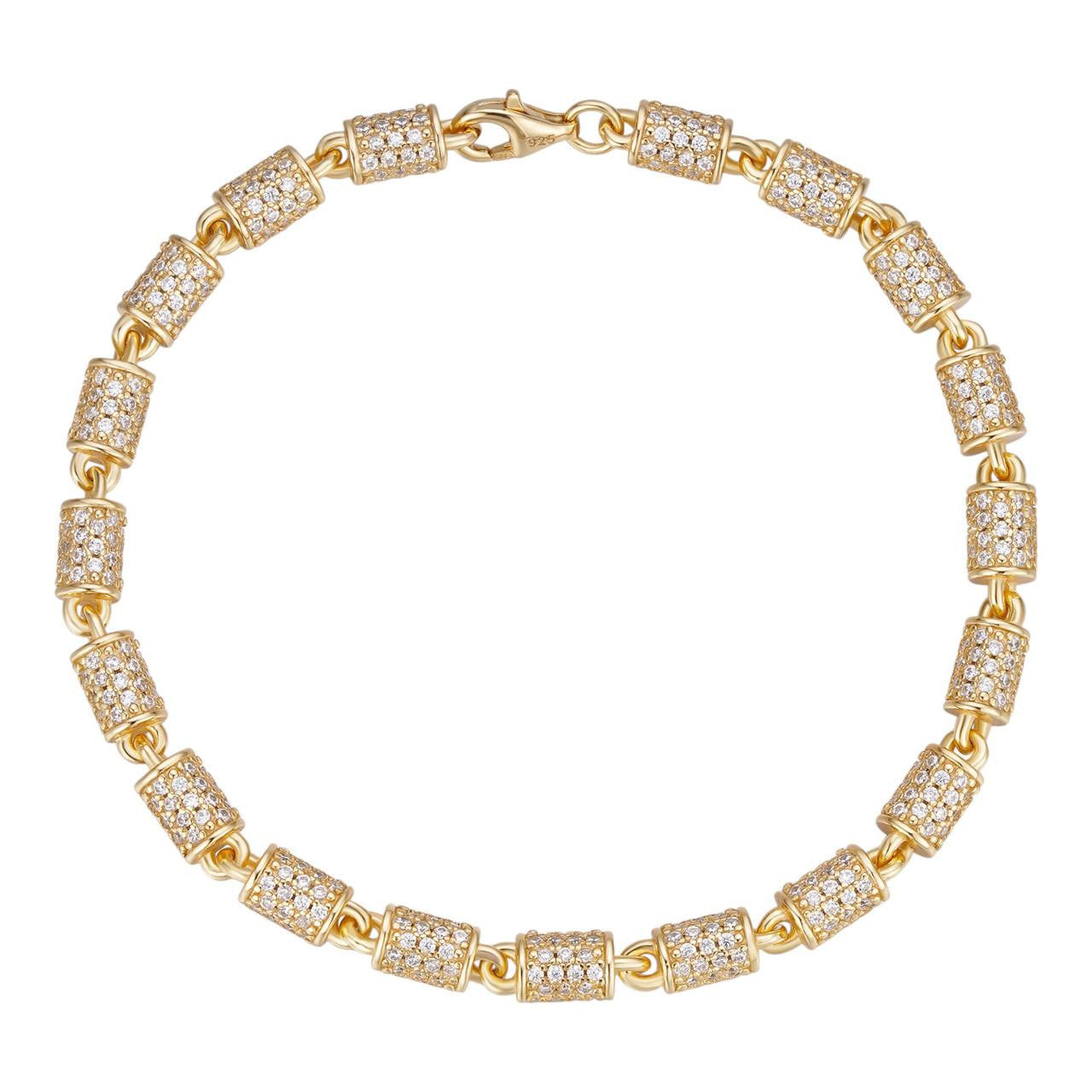 HarlemBling Custom 3D Barrel Link Bracelet Iced Out CZ Stones - 14k Gold Vermeil 925 Silver - 4mm - 7-8"