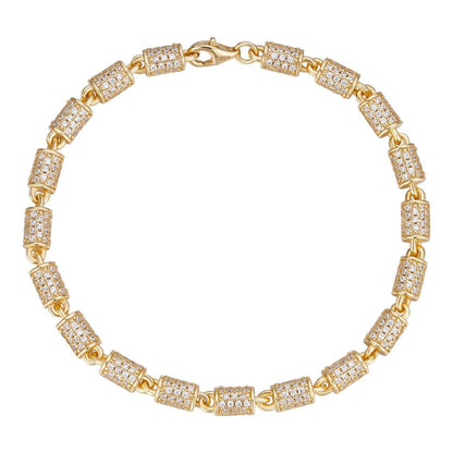 HarlemBling Custom 3D Barrel Link Bracelet Iced Out CZ Stones - 14k Gold Vermeil 925 Silver - 4mm - 7-8"