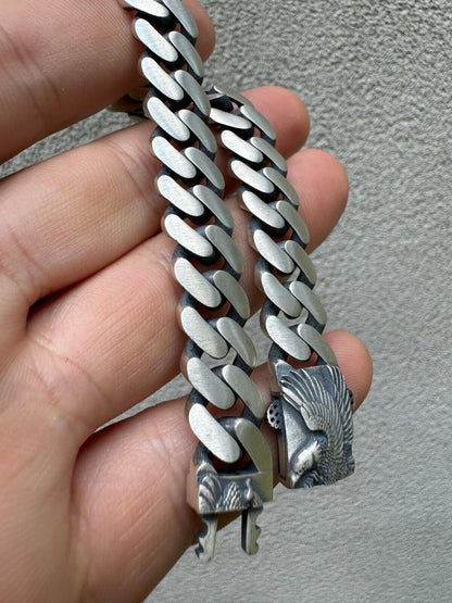 HarlemBling Custom Eagle Lock Miami Cuban Link Bracelet 12mm Real 925 Silver Oxidized Finish