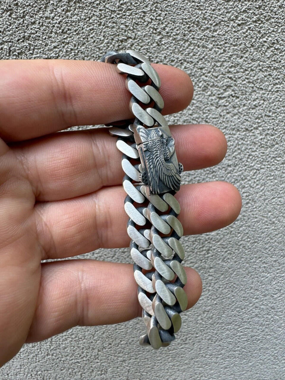 HarlemBling Custom Eagle Lock Miami Cuban Link Bracelet 12mm Real 925 Silver Oxidized Finish