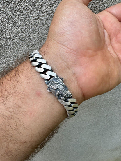 HarlemBling Custom Eagle Lock Miami Cuban Link Bracelet 12mm Real 925 Silver Oxidized Finish