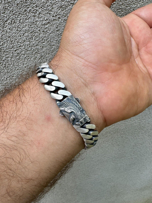 HarlemBling Custom Eagle Lock Miami Cuban Link Bracelet 12mm Real 925 Silver Oxidized Finish