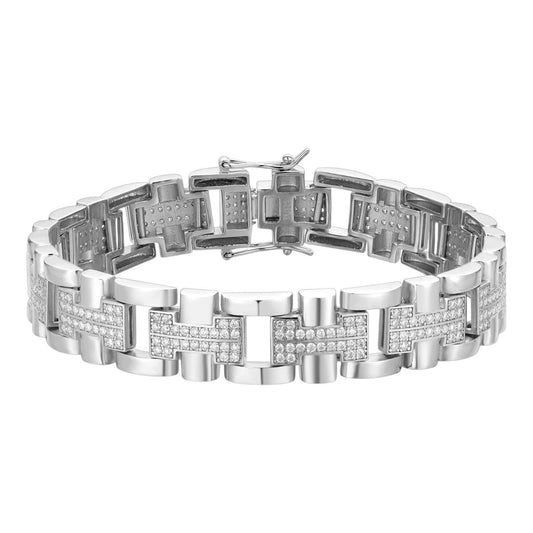 HarlemBling Custom Hermes Presidential Link Bracelet Iced Out CZ Stones - 925 Silver - 12mm - 7.5"-8.5"