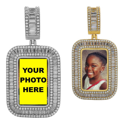 HarlemBling Custom Photo Memory Pendant Baguette Dog Tag - CZ Stones - 14k Yellow/Rose Gold Vermeil Or 925 Silver - Medium 2"