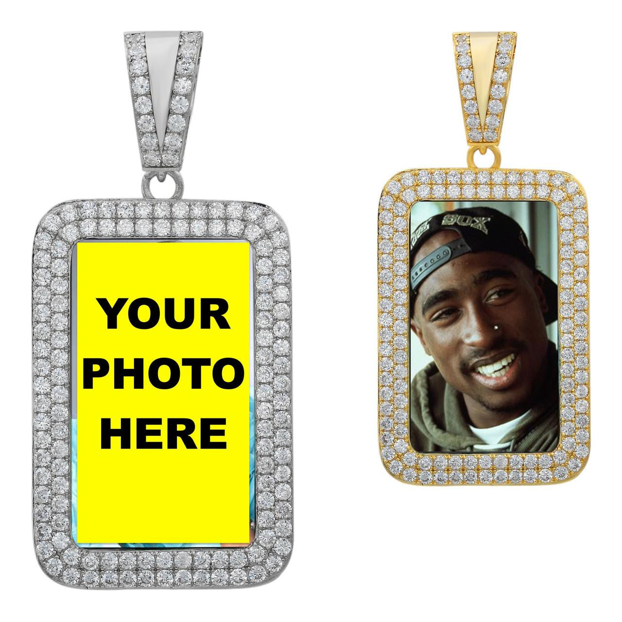 HarlemBling Custom Photo Memory Pendant Dog Tag - CZ Stones - 14k Yellow/Rose Gold Vermeil Or 925 Silver - Medium 2"