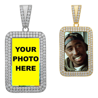 HarlemBling Custom Photo Memory Pendant Dog Tag - CZ Stones - 14k Yellow/Rose Gold Vermeil Or 925 Silver - Medium 2"