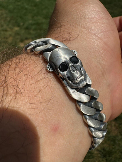 HarlemBling Custom Skull Lock Miami Cuban Link Bracelet 12mm Real 925 Silver Oxidized Finish