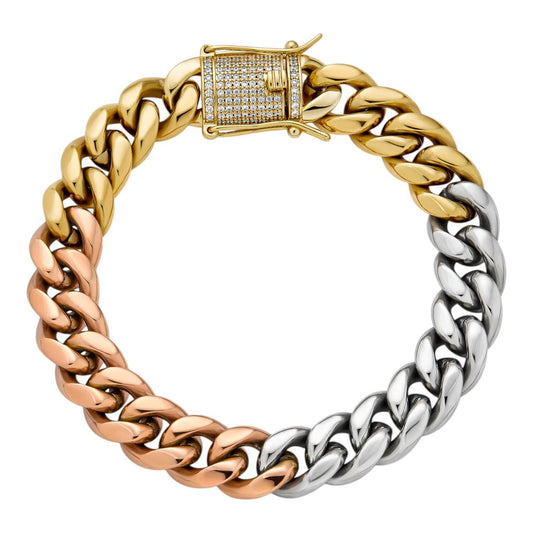 HarlemBling CZ CLASP Miami Cuban Link Bracelet - Tricolor Yellow, Rose & White Gold Plated Stainless Steel - 8.5" - 12mm