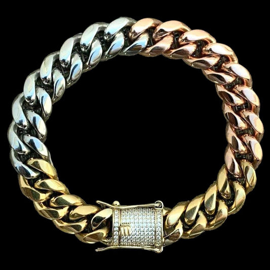 HarlemBling CZ CLASP Miami Cuban Link Bracelet - Tricolor Yellow, Rose & White Gold Plated Stainless Steel - 8.5" - 12mm