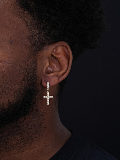 HarlemBling Dangling Cross Iced Out Earrings Dangle Hoop - 14k Gold Vermeil 925 Silver - CZ Stones