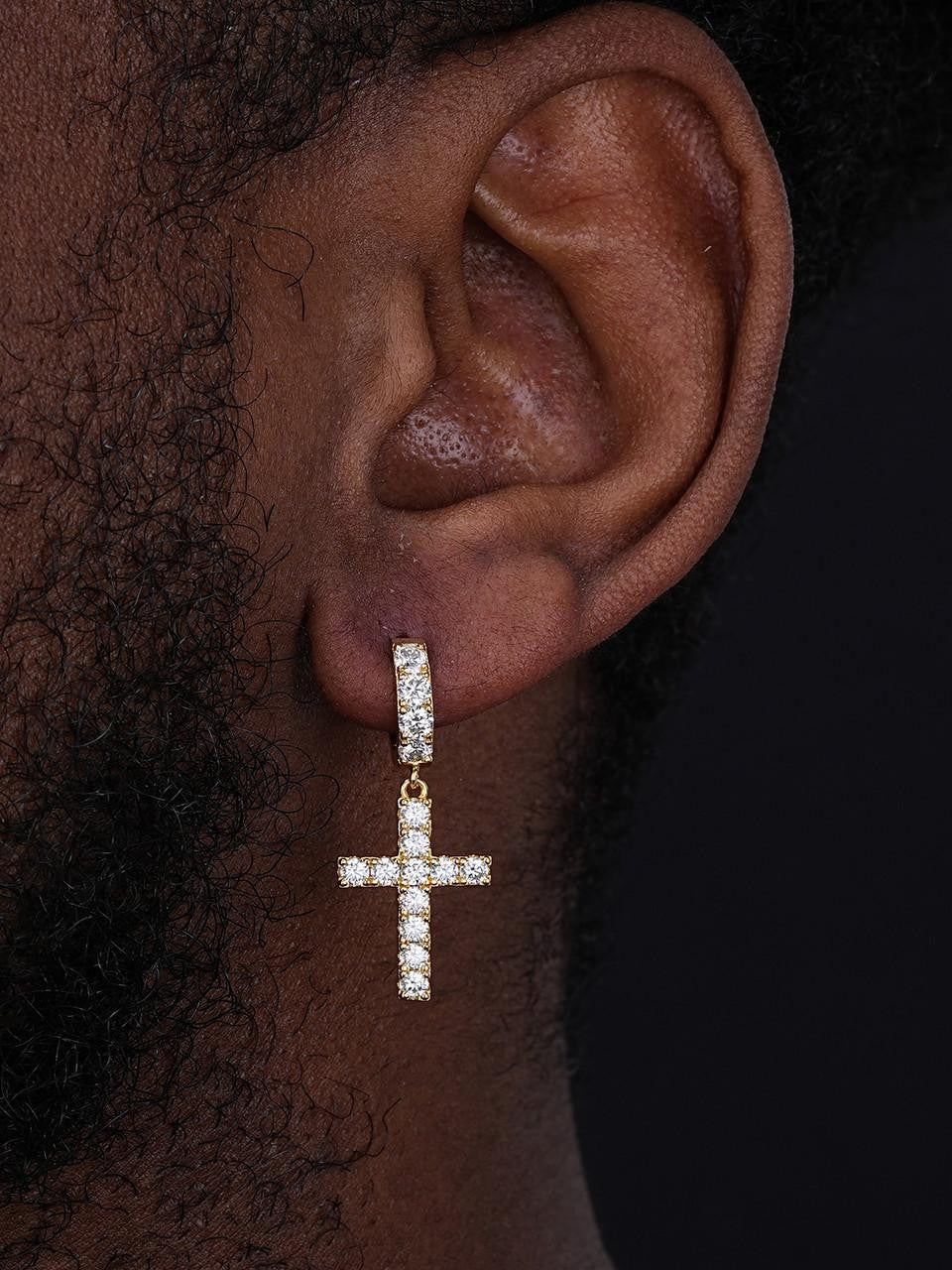 HarlemBling Dangling Cross Iced Out Earrings Dangle Hoop - 14k Gold Vermeil 925 Silver - CZ Stones