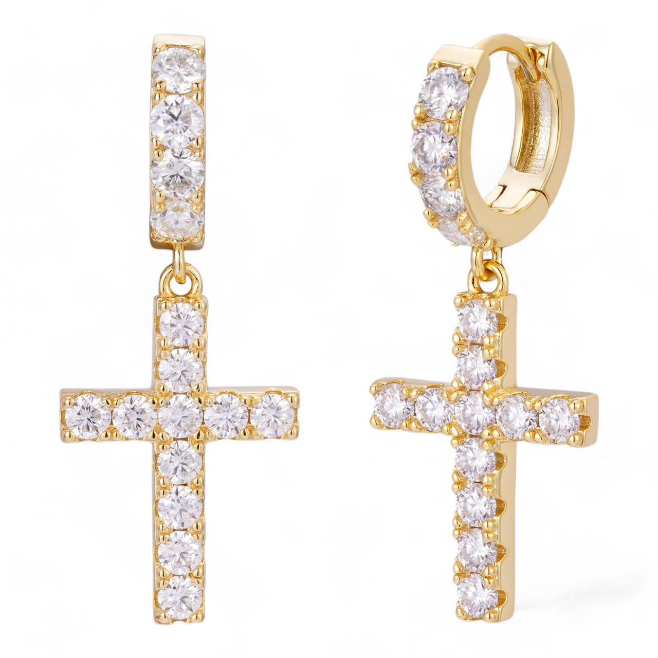 HarlemBling Dangling Cross Iced Out Earrings Dangle Hoop - 14k Gold Vermeil 925 Silver - CZ Stones