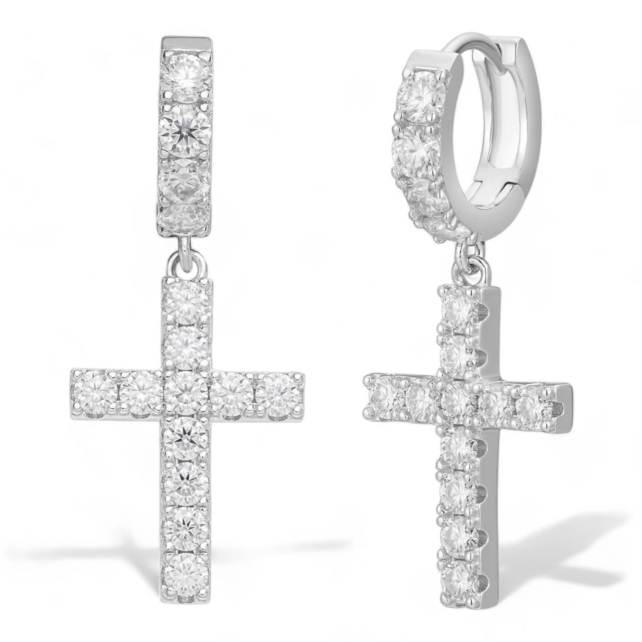 HarlemBling Dangling Cross Iced Out Earrings Dangle Hoop - 925 Silver - CZ Stones