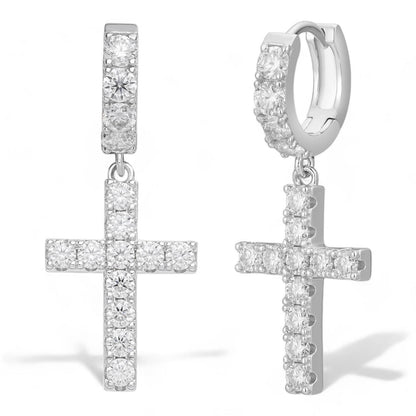 HarlemBling Dangling Cross Iced Out Earrings Dangle Hoop - 925 Silver - CZ Stones