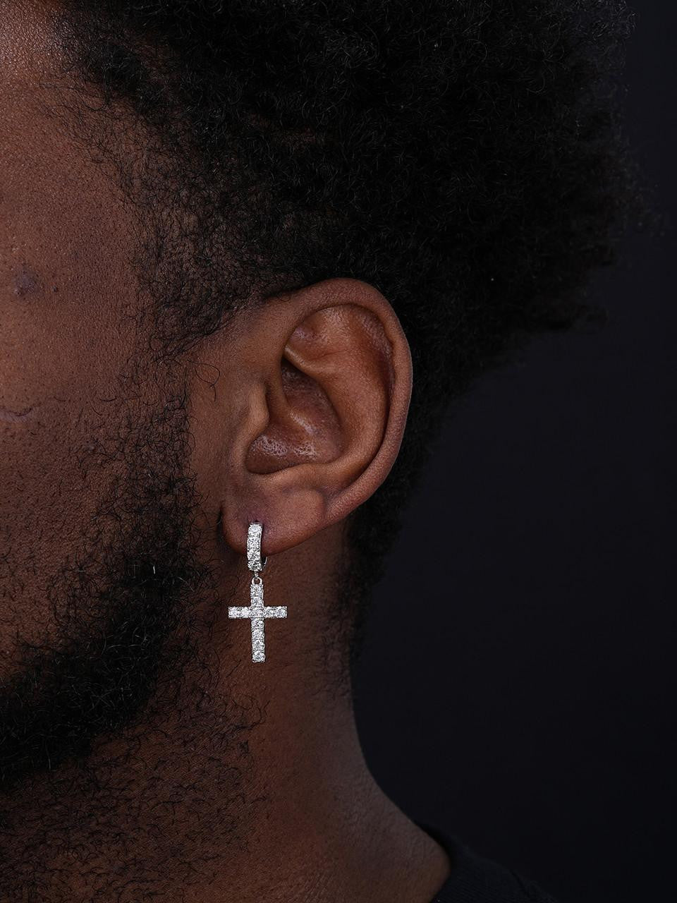 HarlemBling Dangling Cross Iced Out Earrings Dangle Hoop - 925 Silver - CZ Stones