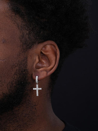 HarlemBling Dangling Cross Iced Out Earrings Dangle Hoop - 925 Silver - CZ Stones