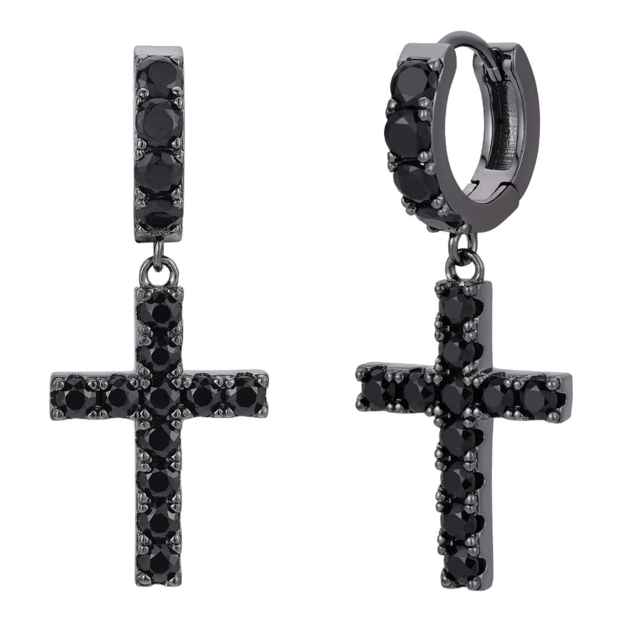 HarlemBling Dangling Cross Iced Out Earrings Dangle Hoop - Black Rhodium Over 925 Silver - Black CZ Stones