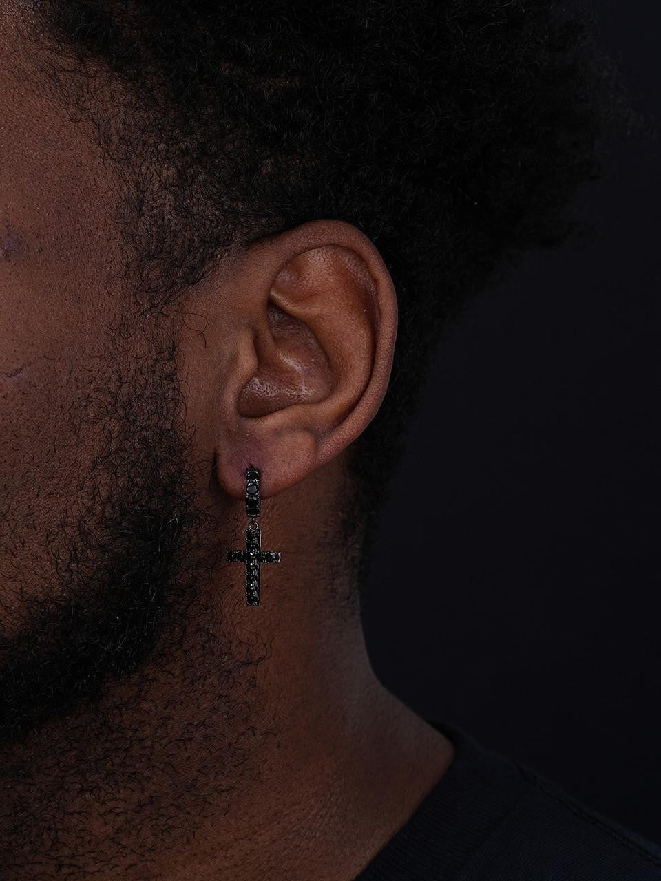 HarlemBling Dangling Cross Iced Out Earrings Dangle Hoop - Black Rhodium Over 925 Silver - Black CZ Stones