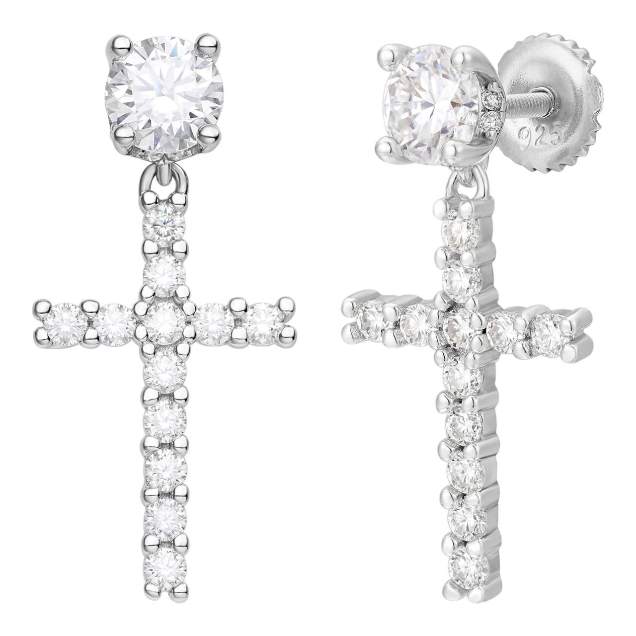 HarlemBling Dangling Cross Iced Out Earrings W. Solitaire Stud - 925 Silver - CZ Stones