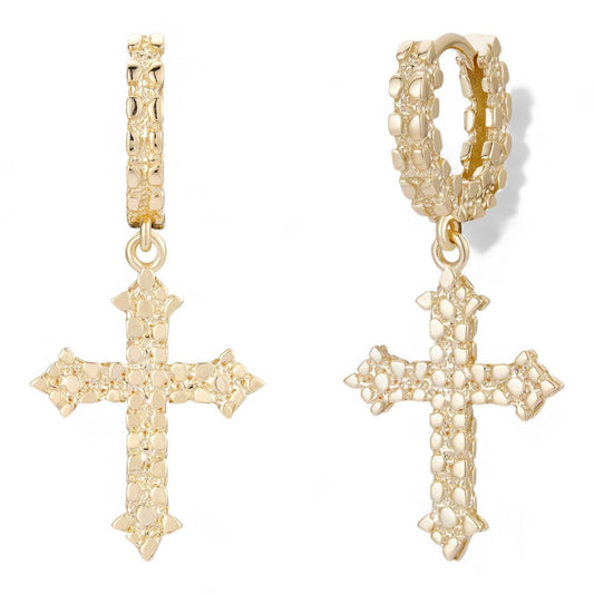 HarlemBling Dangling Gothic Cross Huggie Hoop Earrings - 14k Gold Vermeil 925 Silver