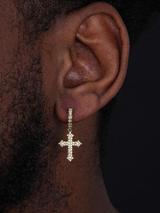 HarlemBling Dangling Gothic Cross Huggie Hoop Earrings - 14k Gold Vermeil 925 Silver