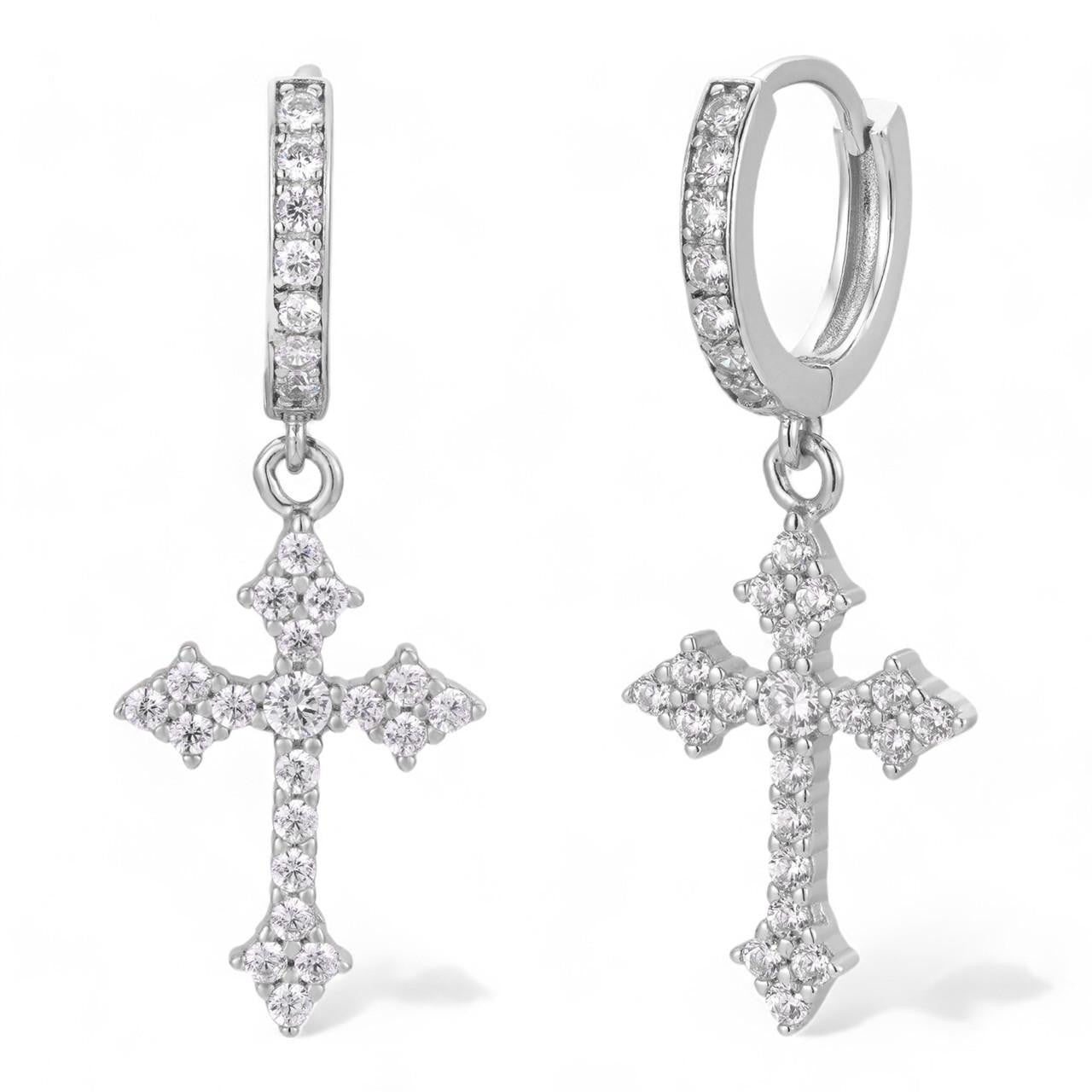 HarlemBling Dangling Gothic Cross Huggie Hoop Earrings - 925 Silver - CZ Stones