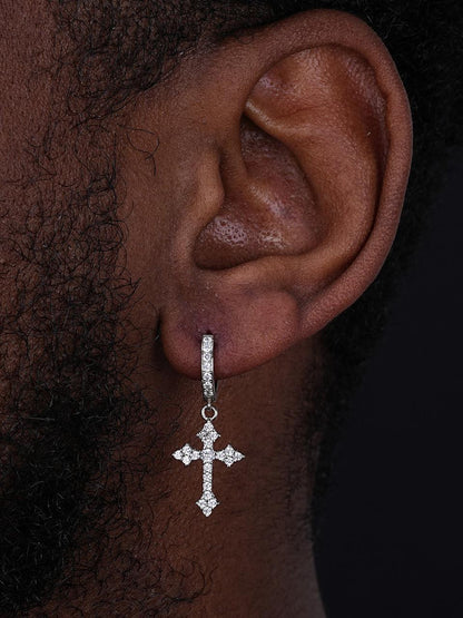 HarlemBling Dangling Gothic Cross Huggie Hoop Earrings - 925 Silver - CZ Stones
