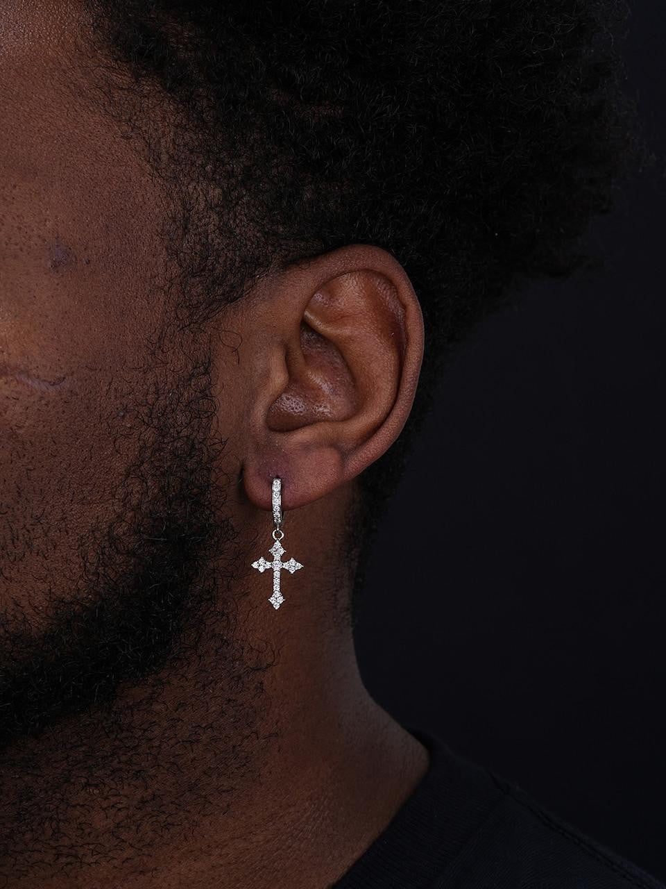 HarlemBling Dangling Gothic Cross Huggie Hoop Earrings - 925 Silver - CZ Stones