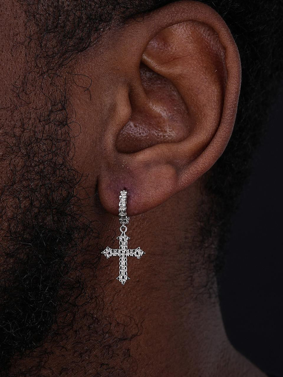 HarlemBling Dangling Gothic Cross Huggie Hoop Earrings - 925 Silver