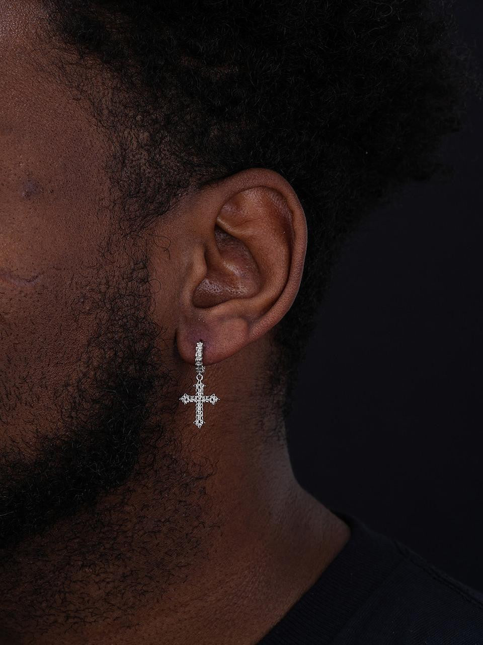 HarlemBling Dangling Gothic Cross Huggie Hoop Earrings - 925 Silver