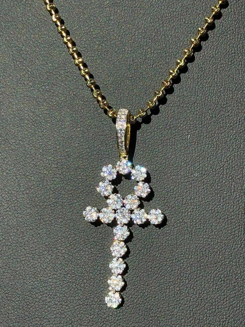 HarlemBling Diamond Ankh Cross Tennis Pendant Real 14k Gold Over Solid 925 Sterling Silver